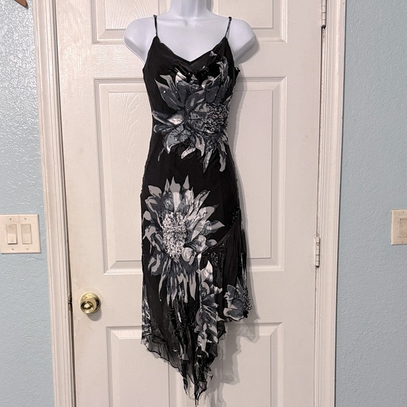 Cache 90s Silk Cowl Neck Beaded Fairycore Goth Rare Asymmetrical Dress Size 2 - Picture 1 of 12